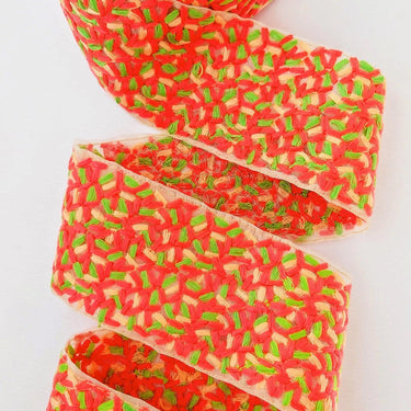 Beige Sheer Tissue Fabric Trim With Cotton Thread Embroidery In Tomato Red, Green And Nude, Fabric Lace